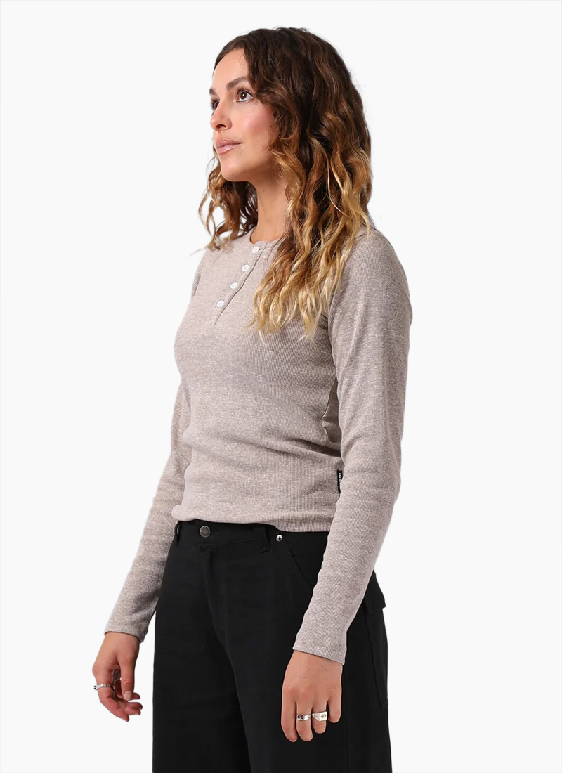 Never Been So Sure Lace Accent Henley Top in Taupe