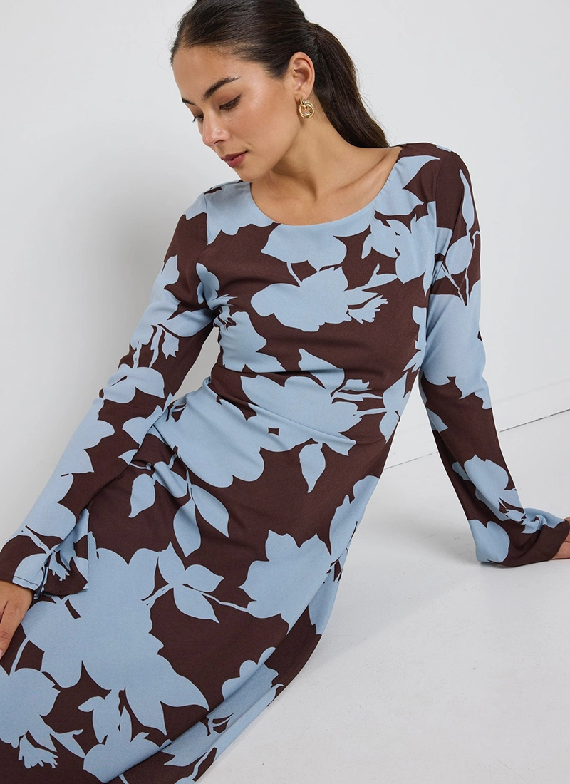 brown dress blue flowers Stories Be Told Luminous Floral Fluted Sleeve Bias Maxi a romantic date night Sydeny Stock Ruched Off-Shoulder Mesh-Sleeve Mermaid Size:AU 11.5