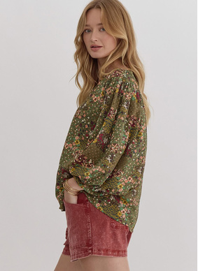 Anna Floral Blouse - Olive