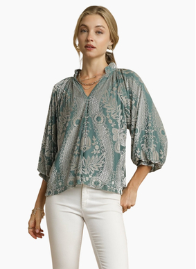 Michelle Velvet Print Top - Sage