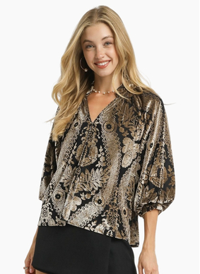 Michelle Velvet Print Top - Black