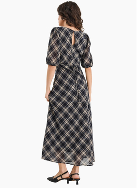 Among The Brave Amora Black Check Chiffon SS Bias Midi Dress