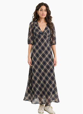 Among The Brave Amora Black Check Chiffon SS Bias Midi Dress