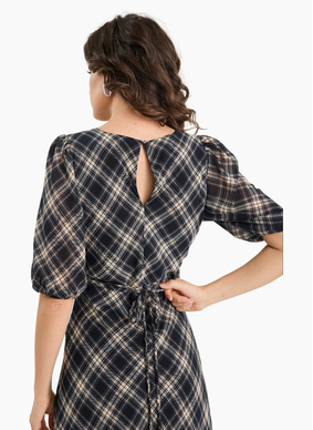 Among The Brave Amora Black Check Chiffon SS Bias Midi Dress