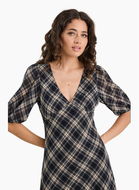 Among The Brave Amora Black Check Chiffon SS Bias Midi Dress