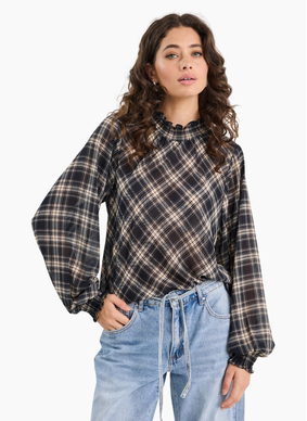 Among The Brave Embrace Black Check Chiffon Shirred Neck LS Top / Black Check Chiffon