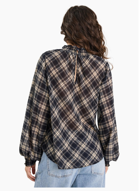 Among The Brave Embrace Black Check Chiffon Shirred Neck LS Top / Black Check Chiffon