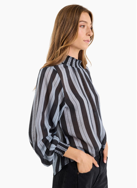 Among The Brave Embrace Grey Stripe Shirred Neck LS Top