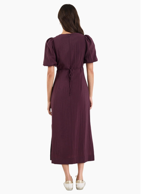 Stories Be Told Elder Plum Short Puff Sleeve Tie Midi Dress
