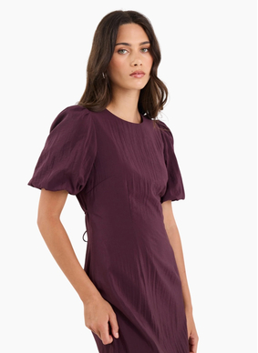 Stories Be Told Elder Plum Short Puff Sleeve Tie Midi Dress
