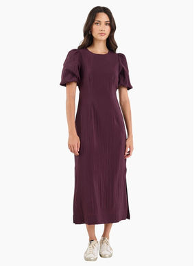 Stories Be Told Elder Plum Short Puff Sleeve Tie Midi Dress