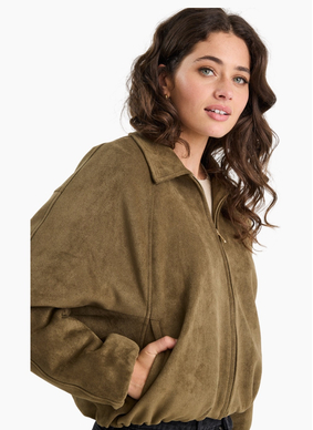 Stories Be Told Troupe Khaki Faux Suede Zip Through Bubble Hem Jacket