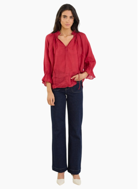 Among The Brave Odyssey Red Shirred Neck Button Mid Sleeve Top