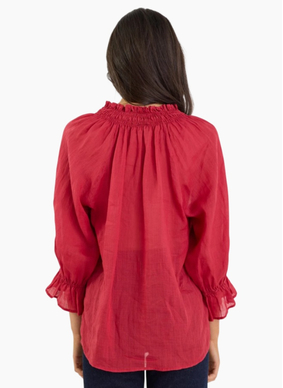 Among The Brave Odyssey Red Shirred Neck Button Mid Sleeve Top