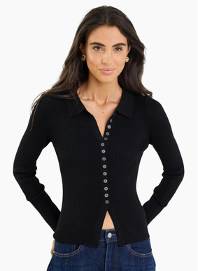 Among The Brave Duplication Black Rib Knit Collared Cardigan
