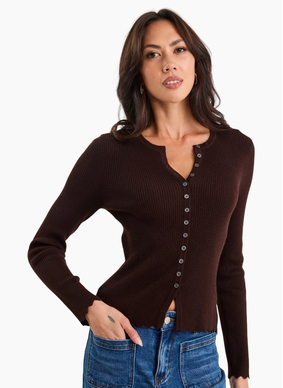 Ivy + Jack Ditto Chocolate Button Front Rib Knit Long Sleeve Top