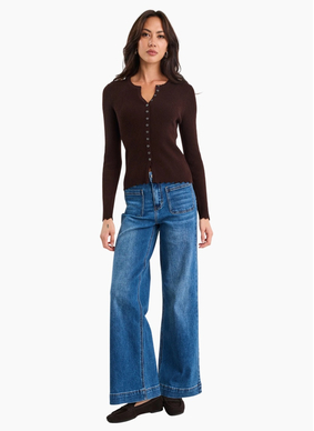 Ivy + Jack Ditto Chocolate Button Front Rib Knit Long Sleeve Top