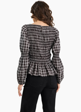 Among The Brave Required Black White Check LS Shirred Bodice Top