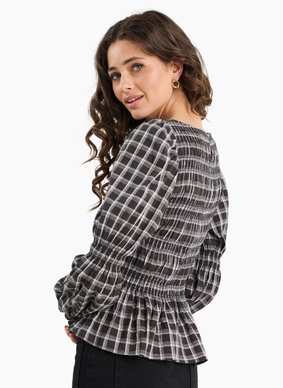 Among The Brave Required Black White Check LS Shirred Bodice Top