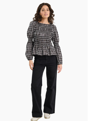 Among The Brave Required Black White Check LS Shirred Bodice Top