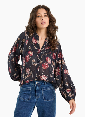 Ivy + Jack Instrumental Black Wildflowers Lace Insert Pintuck Long Sleeve Shirt