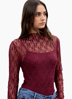 Among The Brave Giving Lace Long Sleeve Top - Burgundy