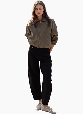Stories Be Told Troupe Khaki Faux Suede Zip Through Bubble Hem Bomber Jacket