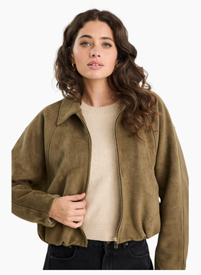 Stories Be Told Troupe Khaki Faux Suede Zip Through Bubble Hem Bomber Jacket