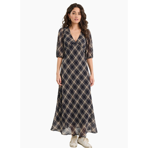 Among The Brave Amora Black Check Chiffon SS Bias Midi Dress