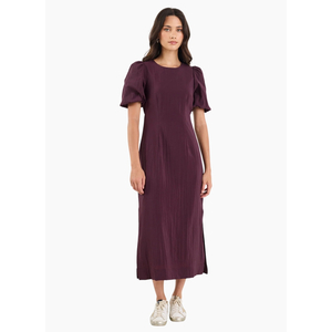 Stories Be Told Elder Plum Short Puff Sleeve Tie Midi Dress