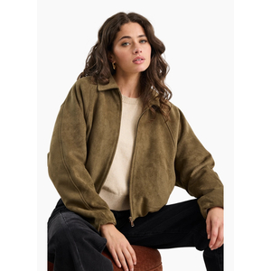 Stories Be Told Troupe Khaki Faux Suede Zip Through Bubble Hem Jacket