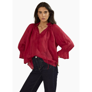 Among The Brave Odyssey Red Shirred Neck Button Mid Sleeve Top