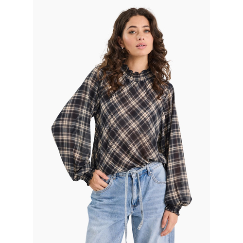 Among The Brave Embrace Black Check Chiffon Shirred Neck LS Top / Black Check Chiffon