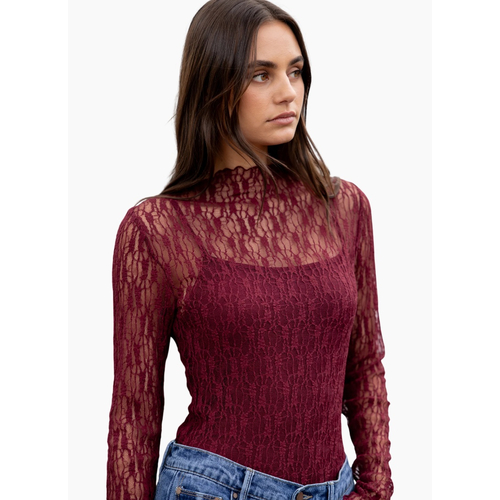 Among The Brave Giving Lace Long Sleeve Top - Burgundy