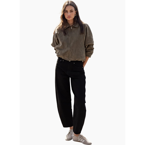 Stories Be Told Troupe Khaki Faux Suede Zip Through Bubble Hem Bomber Jacket