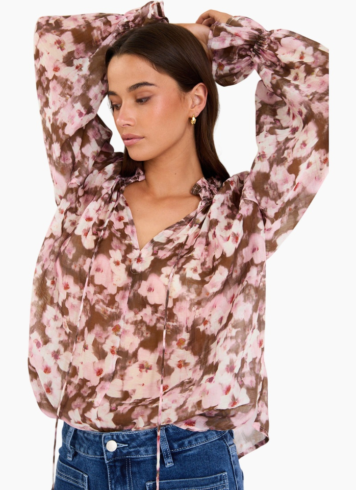 Among The Brave Odyssey Blush Chocolate Floral Shirred Neck LS Top