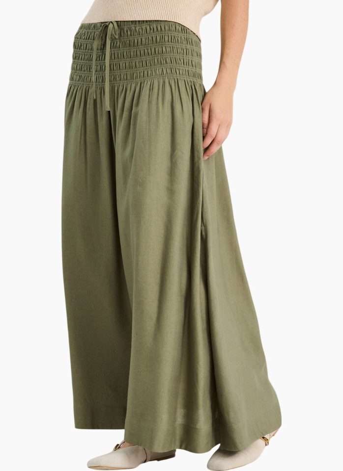 Re:Union Byron Olive Linen Shirred Waist Maxi Skirt