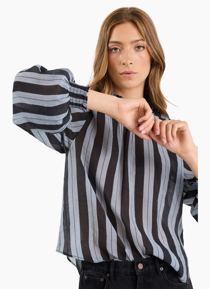 Among The Brave Embrace Grey Stripe Shirred Neck LS Top