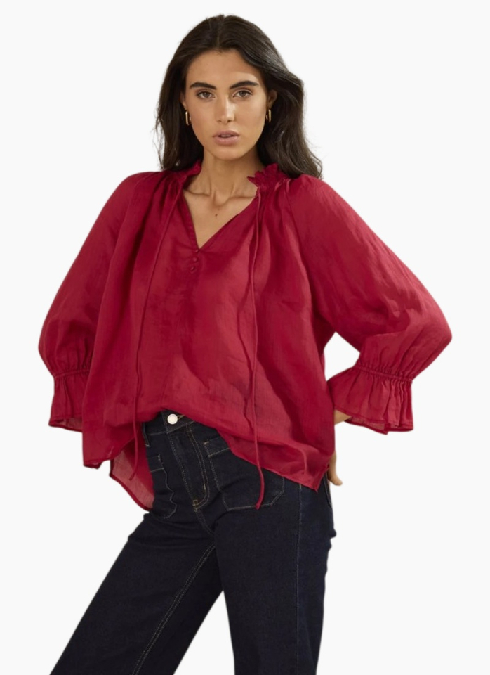 Among The Brave Odyssey Red Shirred Neck Button Mid Sleeve Top