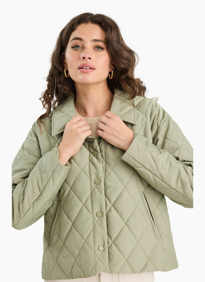 Among The Brave Absolute Soft Khaki Collared Quilted Puffer Jacket