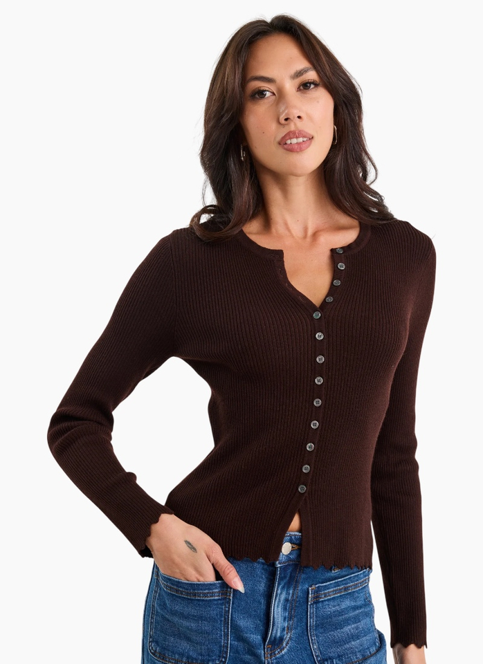 Ivy + Jack Ditto Chocolate Button Front Rib Knit Long Sleeve Top