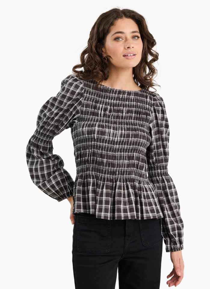 Among The Brave Required Black White Check LS Shirred Bodice Top