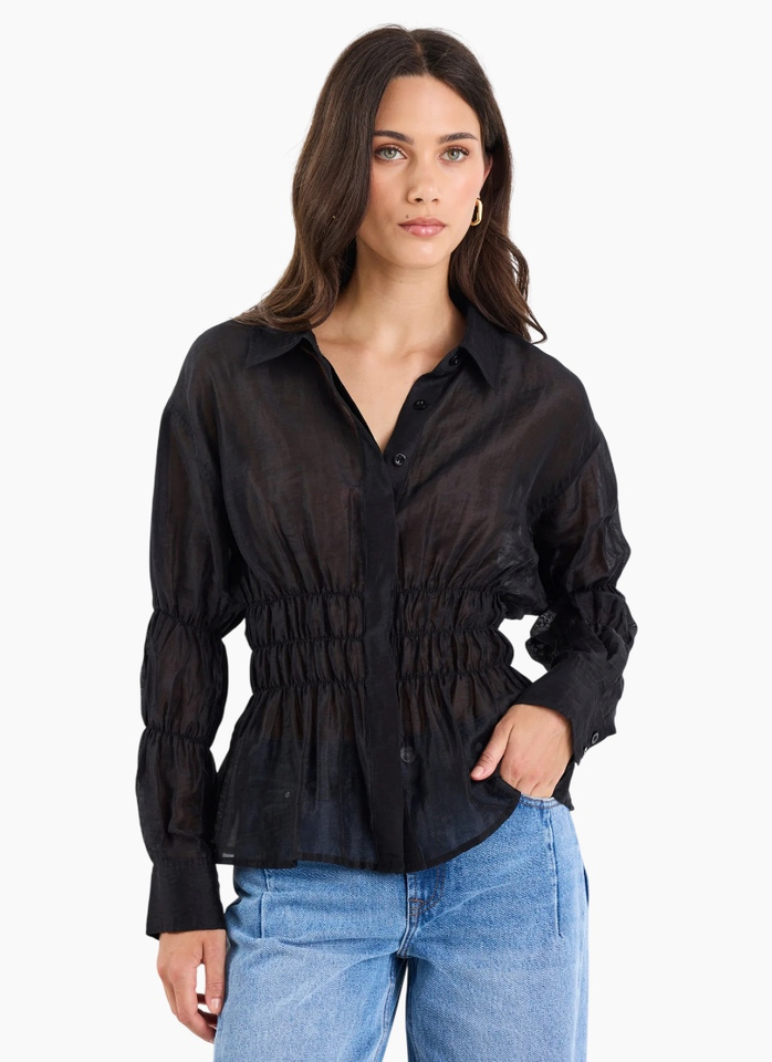 Stories Be Told Composite Black Sheer Shirred Shirt