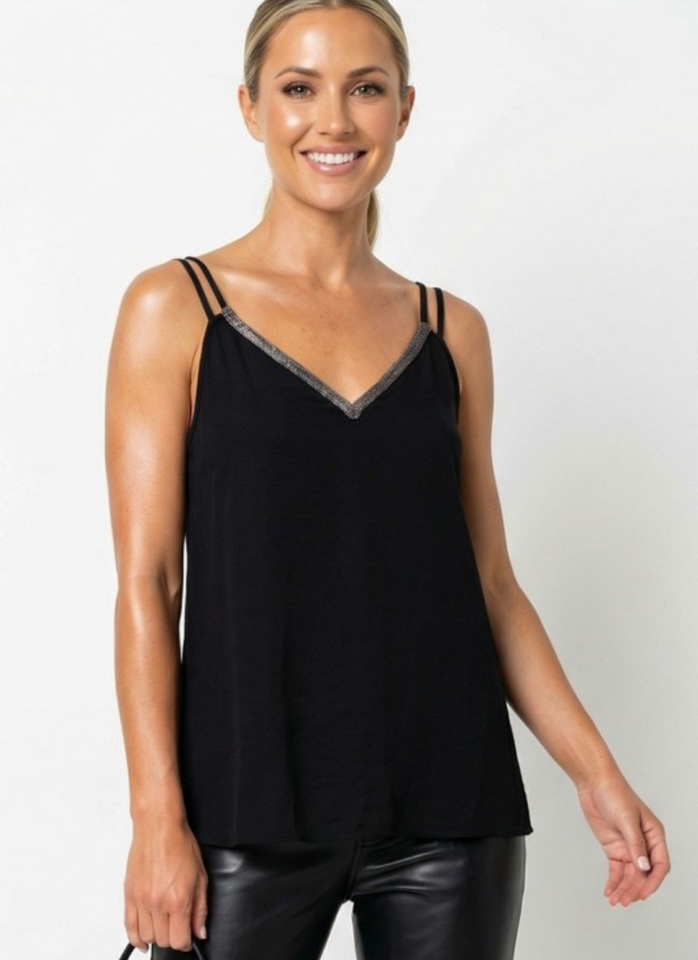 Halo & Hazard Brooke Rhinestone Double Strap Cami - Black