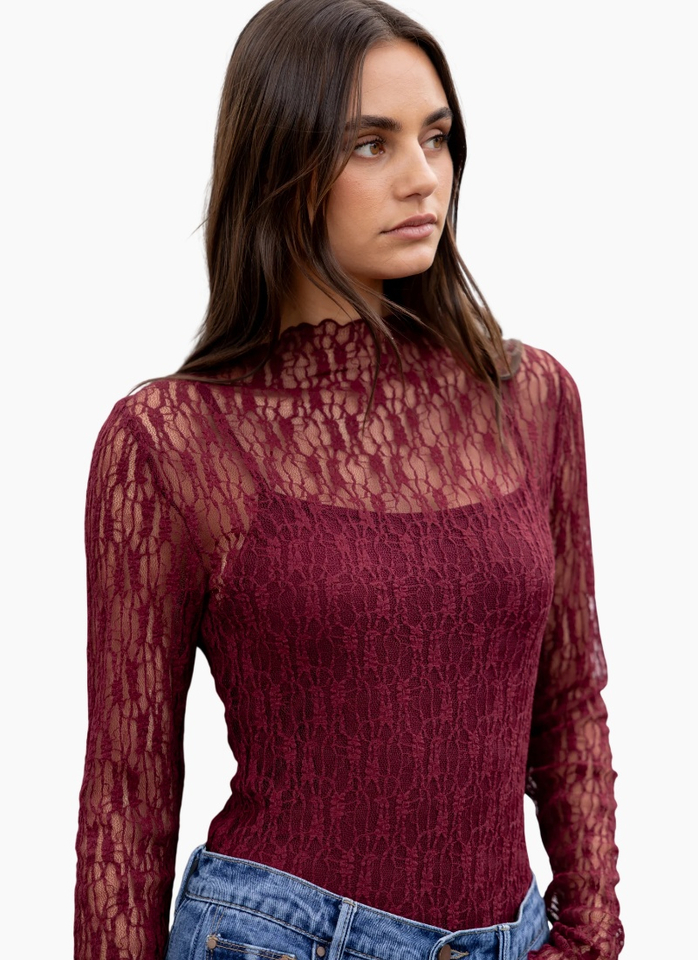 Among The Brave Giving Lace Long Sleeve Top - Burgundy