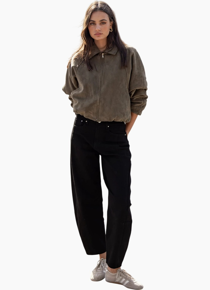 Stories Be Told Troupe Khaki Faux Suede Zip Through Bubble Hem Bomber Jacket