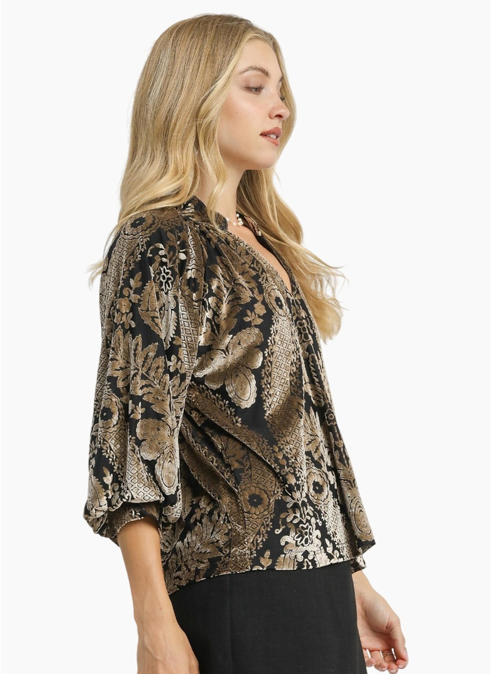 Michelle Velvet Print Top - Black