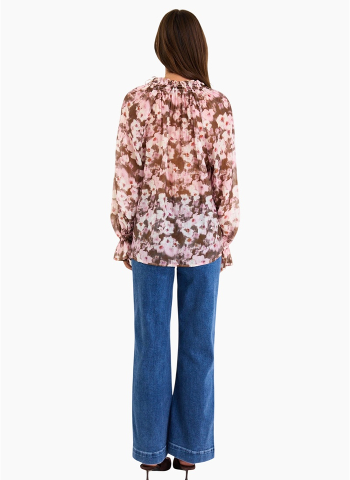 Among The Brave Odyssey Blush Chocolate Floral Shirred Neck LS Top