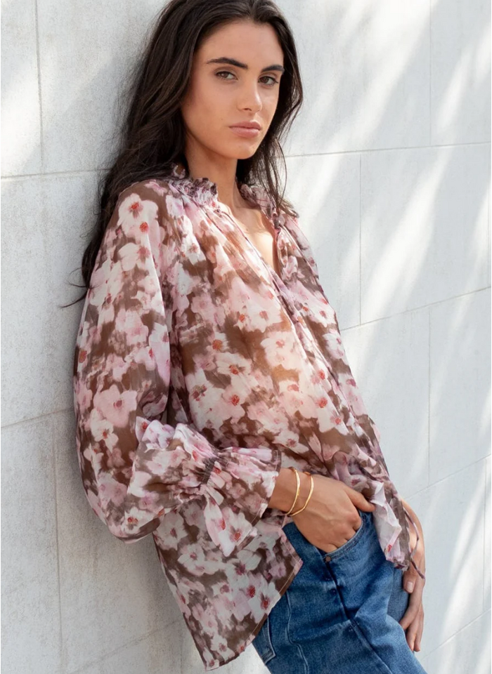 Among The Brave Odyssey Blush Chocolate Floral Shirred Neck LS Top
