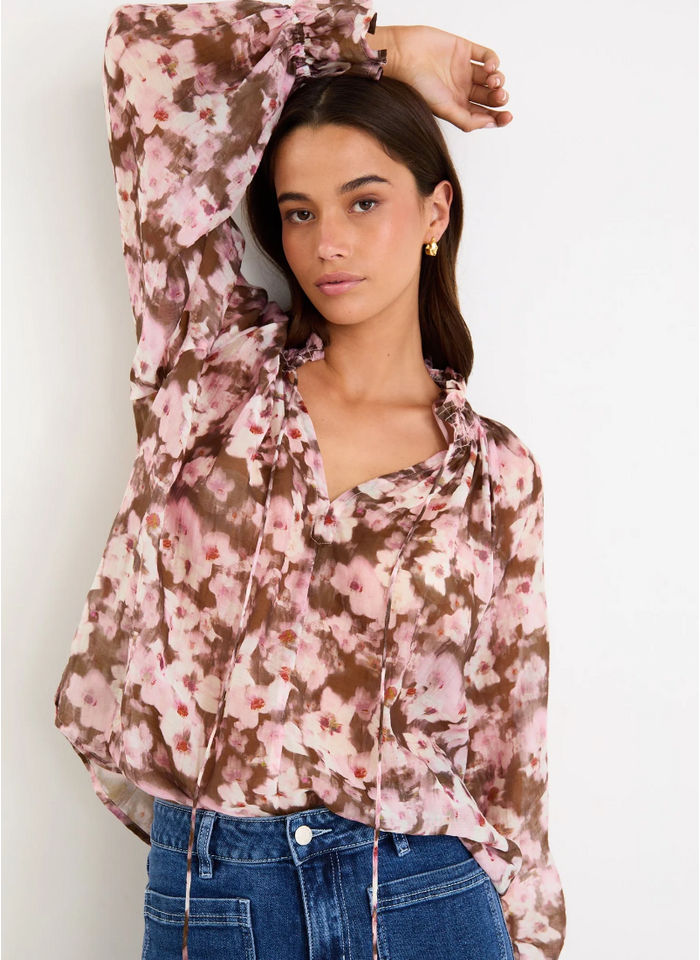 Among The Brave Odyssey Blush Chocolate Floral Shirred Neck LS Top